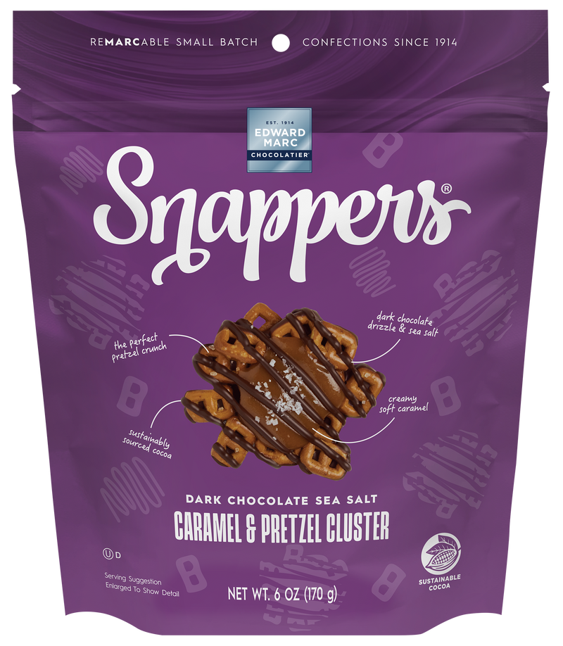 Snappers dark chocolate sea salt caramel pretzel cluster packaging on a white background