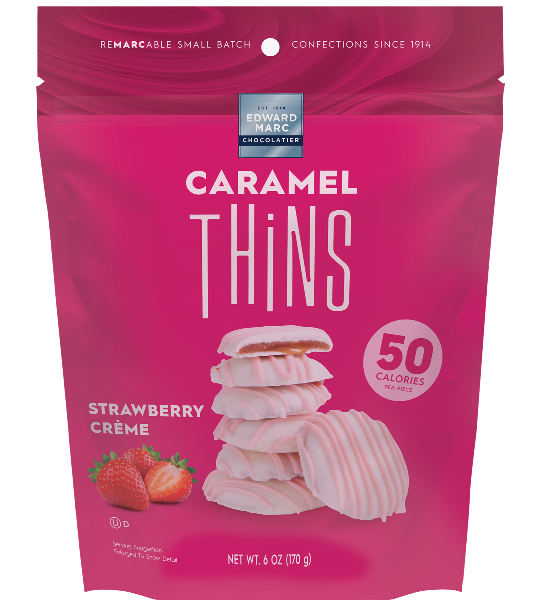 Pink package of Caramel Thins Strawberry Creme on a white background