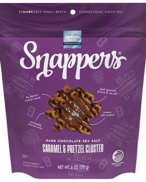 Snappers dark chocolate sea salt caramel pretzel cluster packaging on a white background