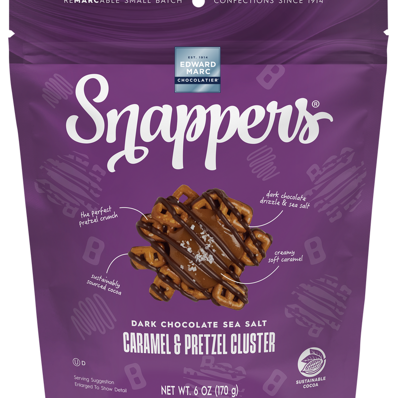 Snappers dark chocolate sea salt caramel pretzel cluster packaging on a white background