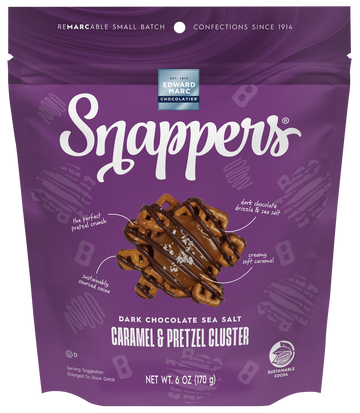 Snappers dark chocolate sea salt caramel pretzel cluster packaging on a white background