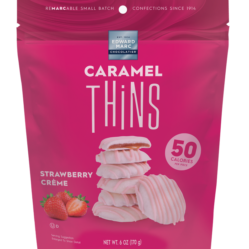 Pink package of Caramel Thins Strawberry Creme on a white background