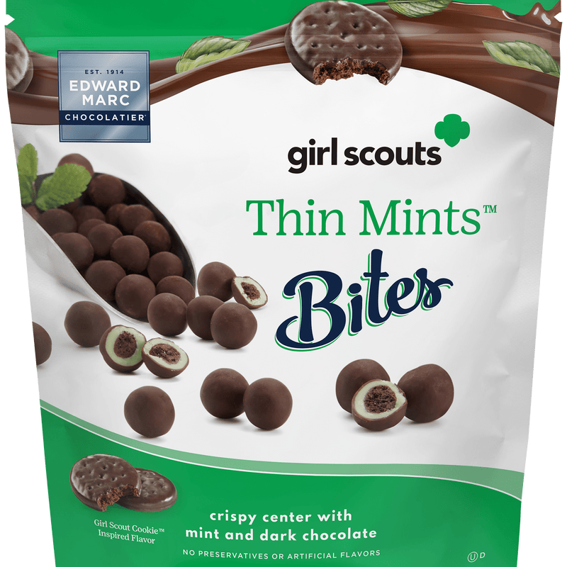 Girl Scouts Thin Mints Bites packaging with a green and white design.